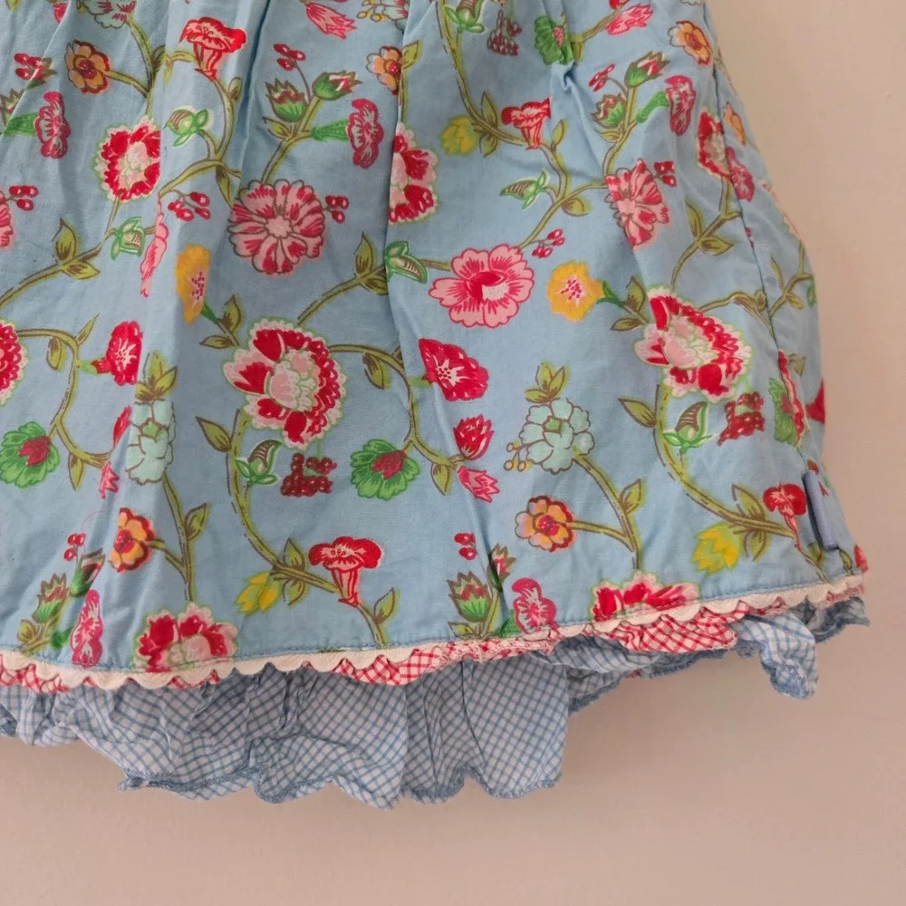 Oilily Girls Blue Floral Gingham Tiered Skirt Cotton Rick Rack Trim Size 7Y 122